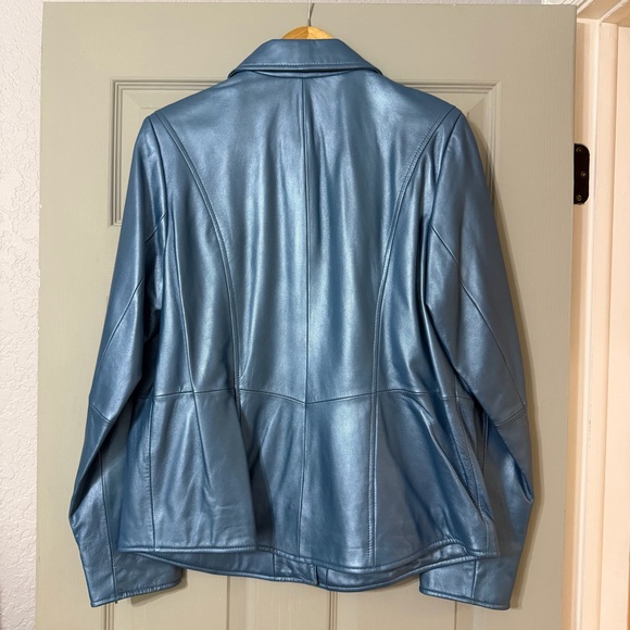 Y2K Metallic Blue Pearl Genuine Leather Blazer Jacket | Size L | Sex & the City - Picture 3 of 10